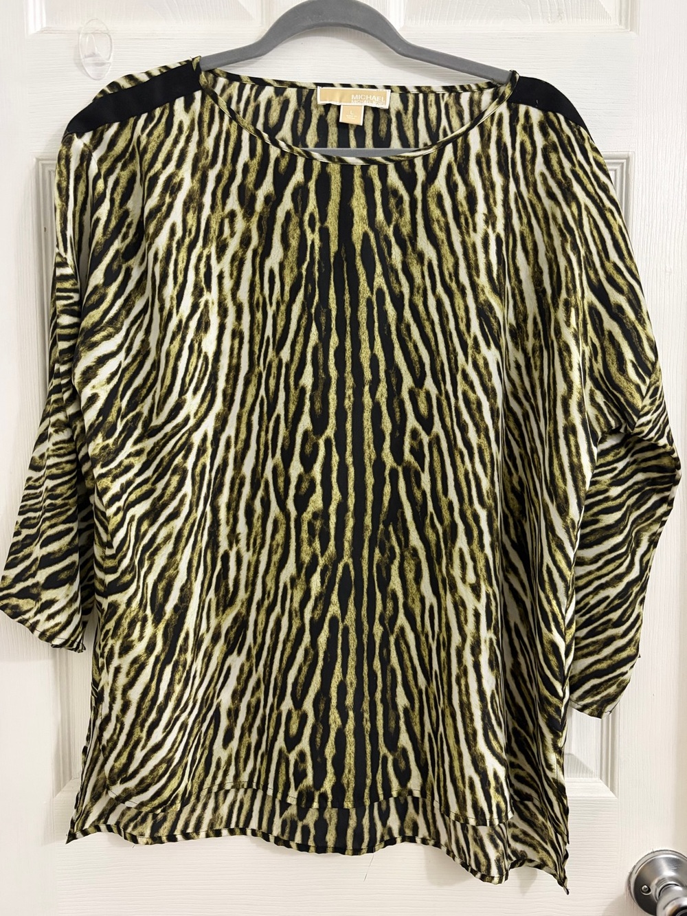 Michael Kors Animal Print Dolman Top — Black & Olive. Size large $10